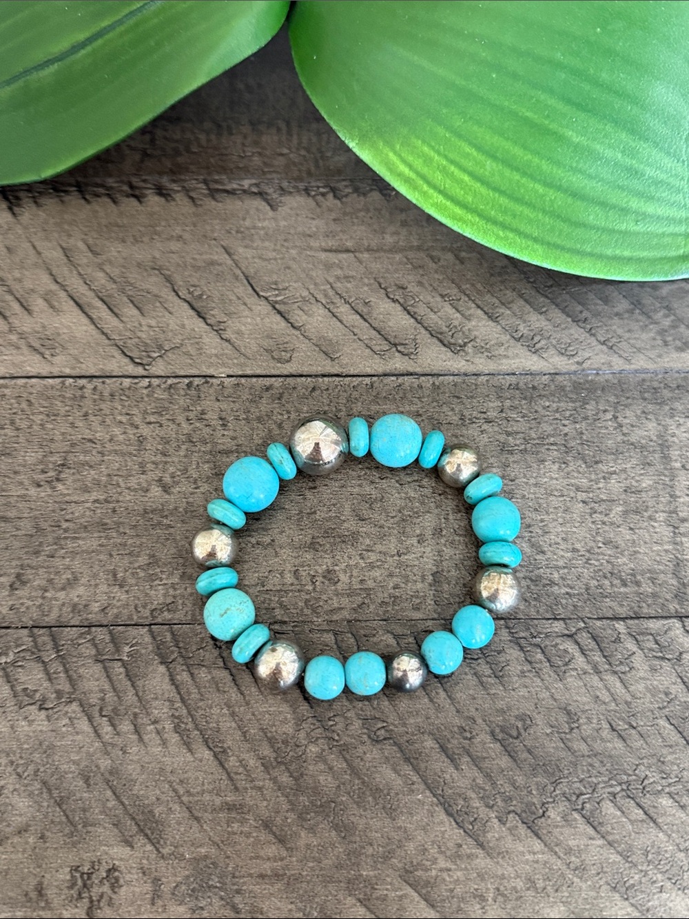 Turquoise Beaded Stretch Bracelet with Silver Accents